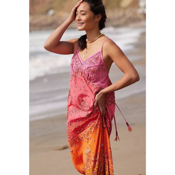 New Farm Rio Anthropologie  Maxi Dress Pink Paisley Sunset Size Large Cover Up - Picture 3 of 10